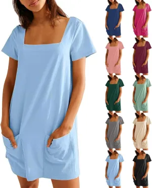 Tshirt Dress Women Summer Short Sleeve Square Neck Mini Dress Casual Cute Shift Vacation Beach Dress with Pockets