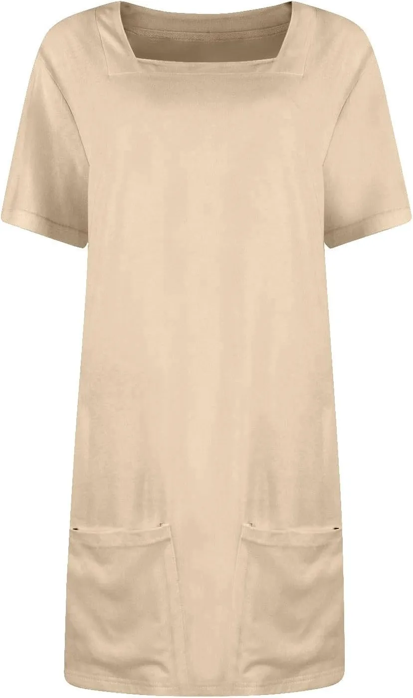 Tshirt Dress Women Summer Short Sleeve Square Neck Mini Dress Casual Cute Shift Vacation Beach Dress with Pockets