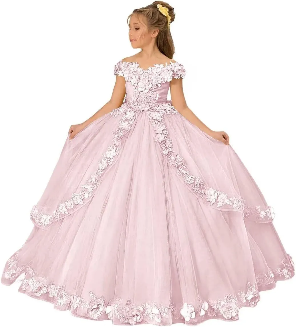 Tulle Pageant Dress for Girls Off The Shoulder Flower Girl Dresses 3D Floral Princess Ball Gown First Communion Dress