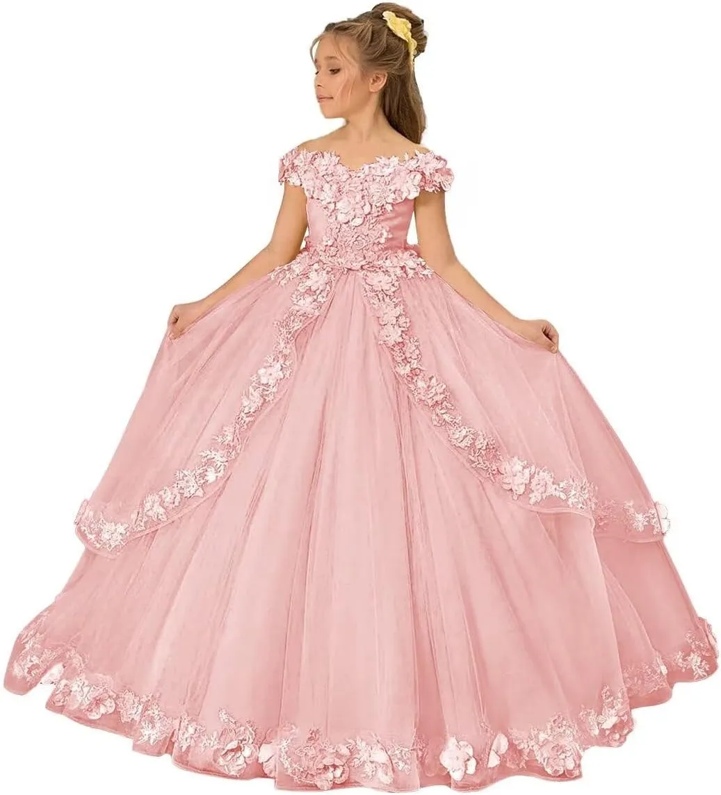 Tulle Pageant Dress for Girls Off The Shoulder Flower Girl Dresses 3D Floral Princess Ball Gown First Communion Dress