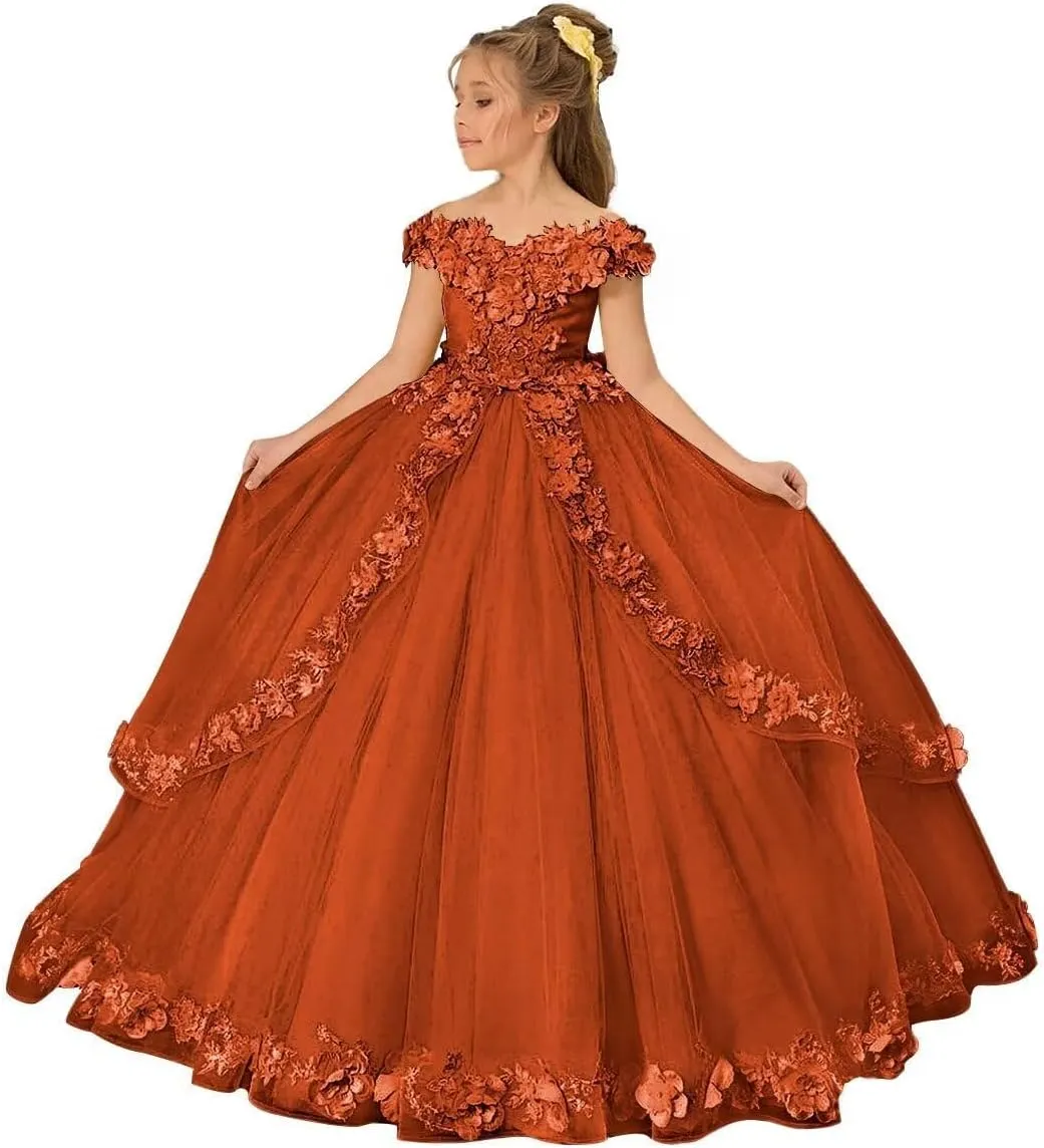 Tulle Pageant Dress for Girls Off The Shoulder Flower Girl Dresses 3D Floral Princess Ball Gown First Communion Dress