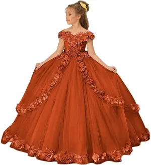 Tulle Pageant Dress for Girls Off The Shoulder Flower Girl Dresses 3D Floral Princess Ball Gown First Communion Dress