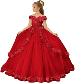 Tulle Pageant Dress for Girls Off The Shoulder Flower Girl Dresses 3D Floral Princess Ball Gown First Communion Dress