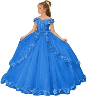 Tulle Pageant Dress for Girls Off The Shoulder Flower Girl Dresses 3D Floral Princess Ball Gown First Communion Dress