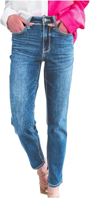 Tummy Control Cuffed Slim Fit Jeans, High Waist Stretchy Trendy Pants Casual Sports Skinny Jeggings for Women
