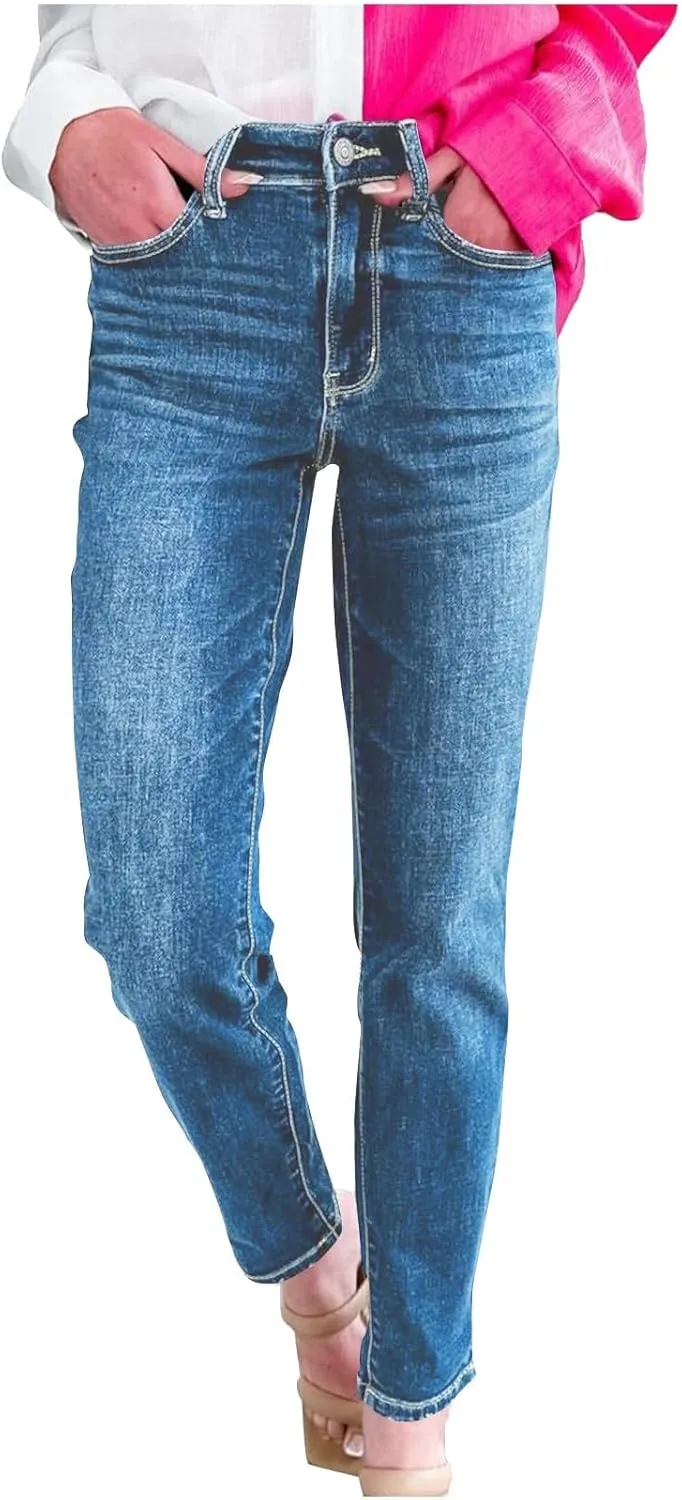 Tummy Control Cuffed Slim Fit Jeans, High Waist Stretchy Trendy Pants Casual Sports Skinny Jeggings for Women