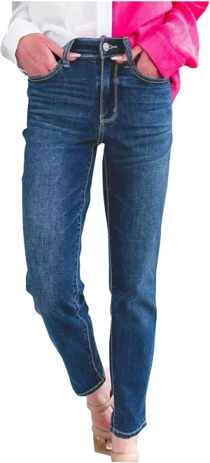 Tummy Control Cuffed Slim Fit Jeans, High Waist Stretchy Trendy Pants Casual Sports Skinny Jeggings for Women