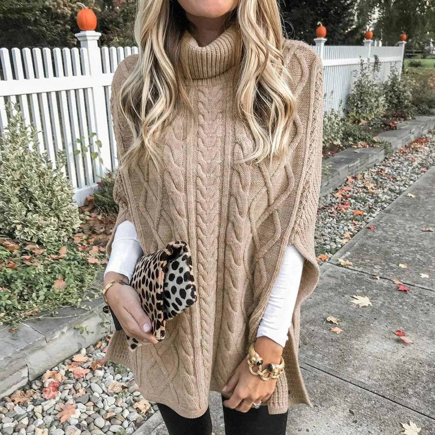 Turtleneck Sweaters for Women Long Sleeve Poncho Sweater Shawl Top Chunky Cable Knit Pullover 2023 Fashion Knitwear