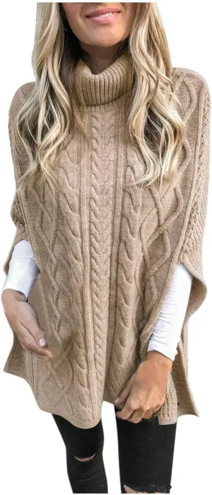 Turtleneck Sweaters for Women Long Sleeve Poncho Sweater Shawl Top Chunky Cable Knit Pullover 2023 Fashion Knitwear