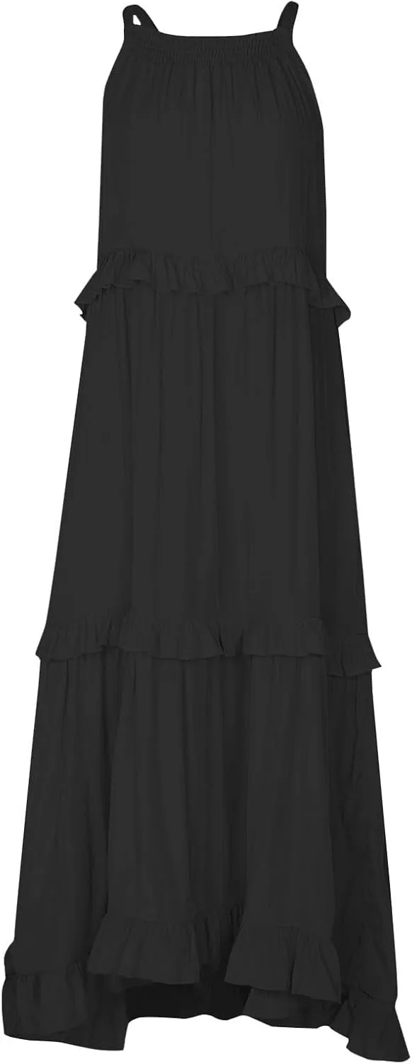 TWGONE Women Summer Casual Sleeveless Pleated Tank Vest Dresses Smocked Ruffle Flowy Party Wedding Guest Sundress