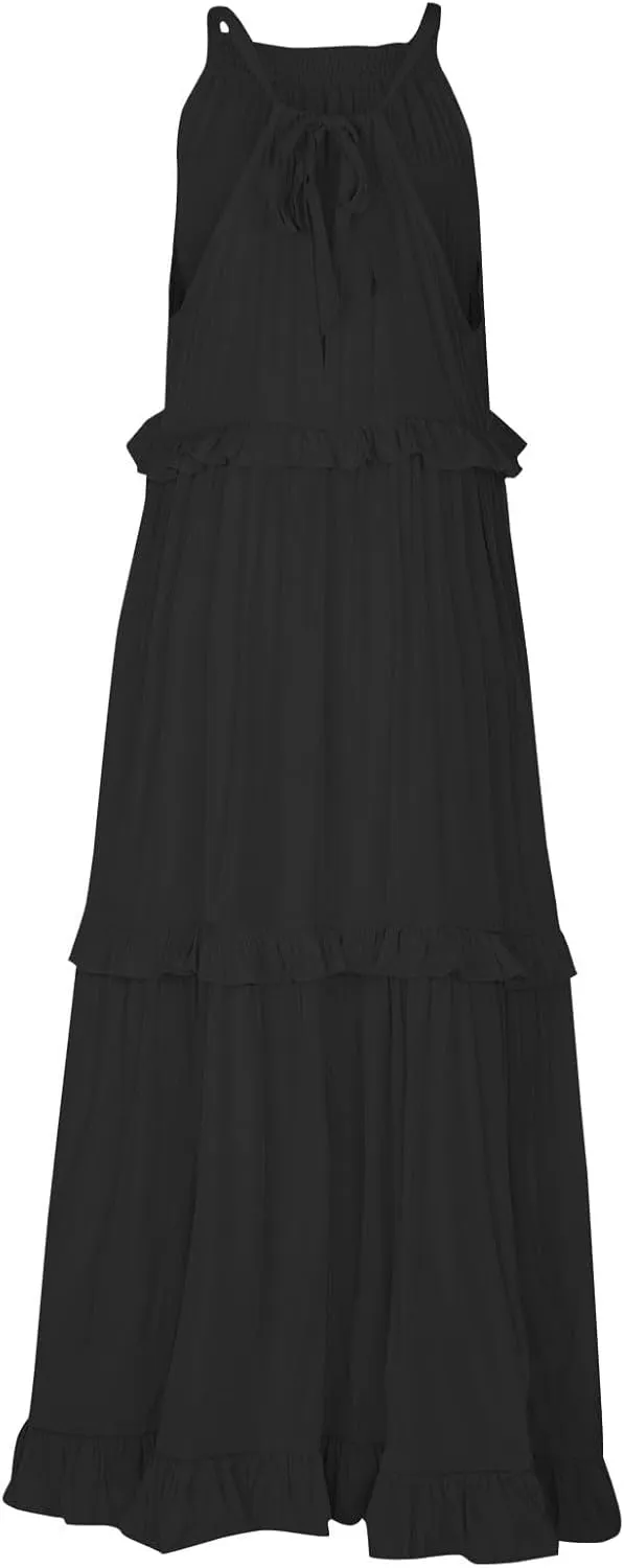 TWGONE Women Summer Casual Sleeveless Pleated Tank Vest Dresses Smocked Ruffle Flowy Party Wedding Guest Sundress