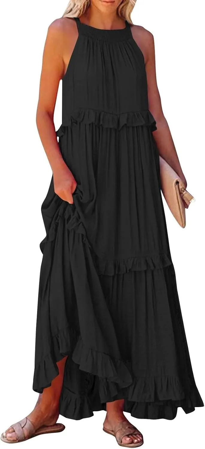 TWGONE Women Summer Casual Sleeveless Pleated Tank Vest Dresses Smocked Ruffle Flowy Party Wedding Guest Sundress