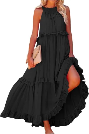 TWGONE Women Summer Casual Sleeveless Pleated Tank Vest Dresses Smocked Ruffle Flowy Party Wedding Guest Sundress