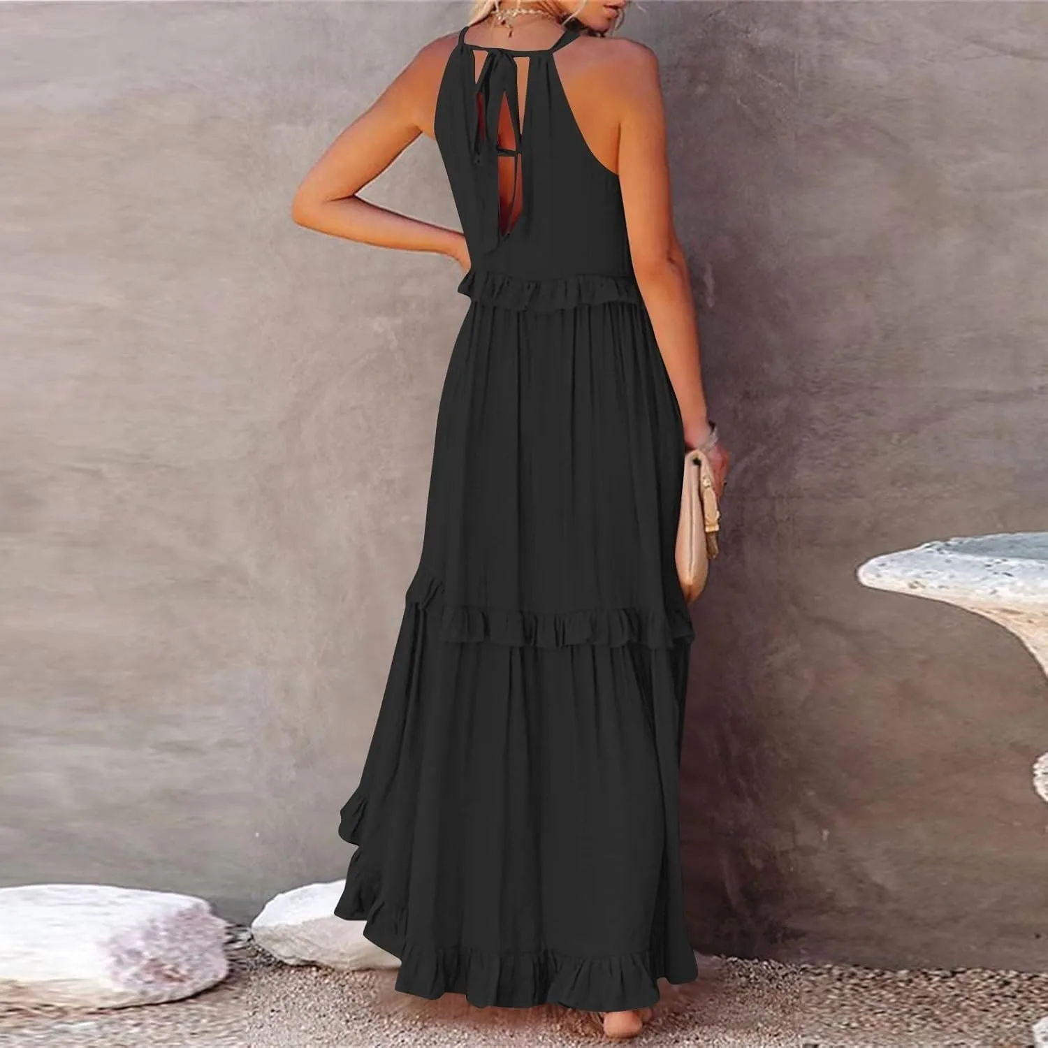 TWGONE Women Summer Casual Sleeveless Pleated Tank Vest Dresses Smocked Ruffle Flowy Party Wedding Guest Sundress
