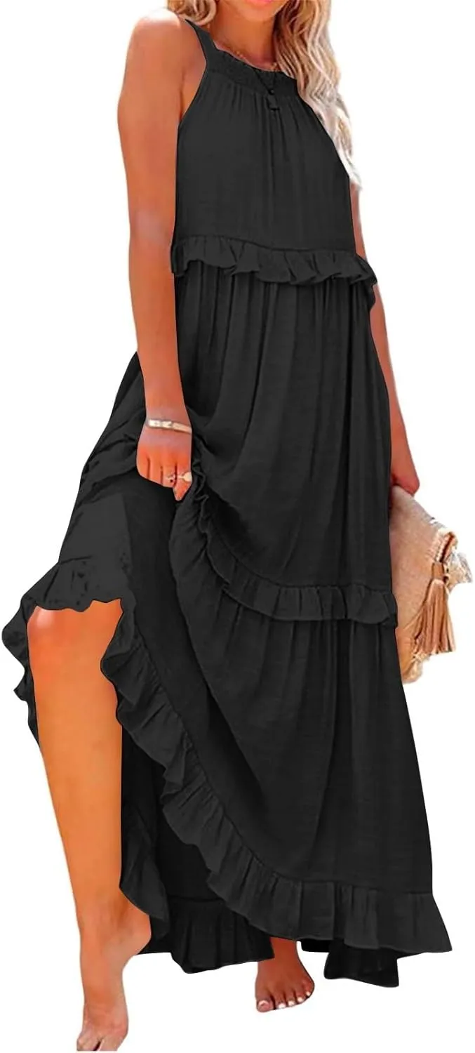 TWGONE Women Summer Casual Sleeveless Pleated Tank Vest Dresses Smocked Ruffle Flowy Party Wedding Guest Sundress