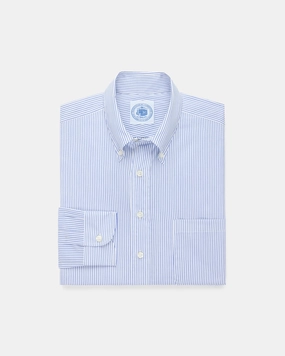 Bold Print Unisex Option Made-in-USA Dark Blue Pencil Stripe Button Down Shirt - Classic  Fit