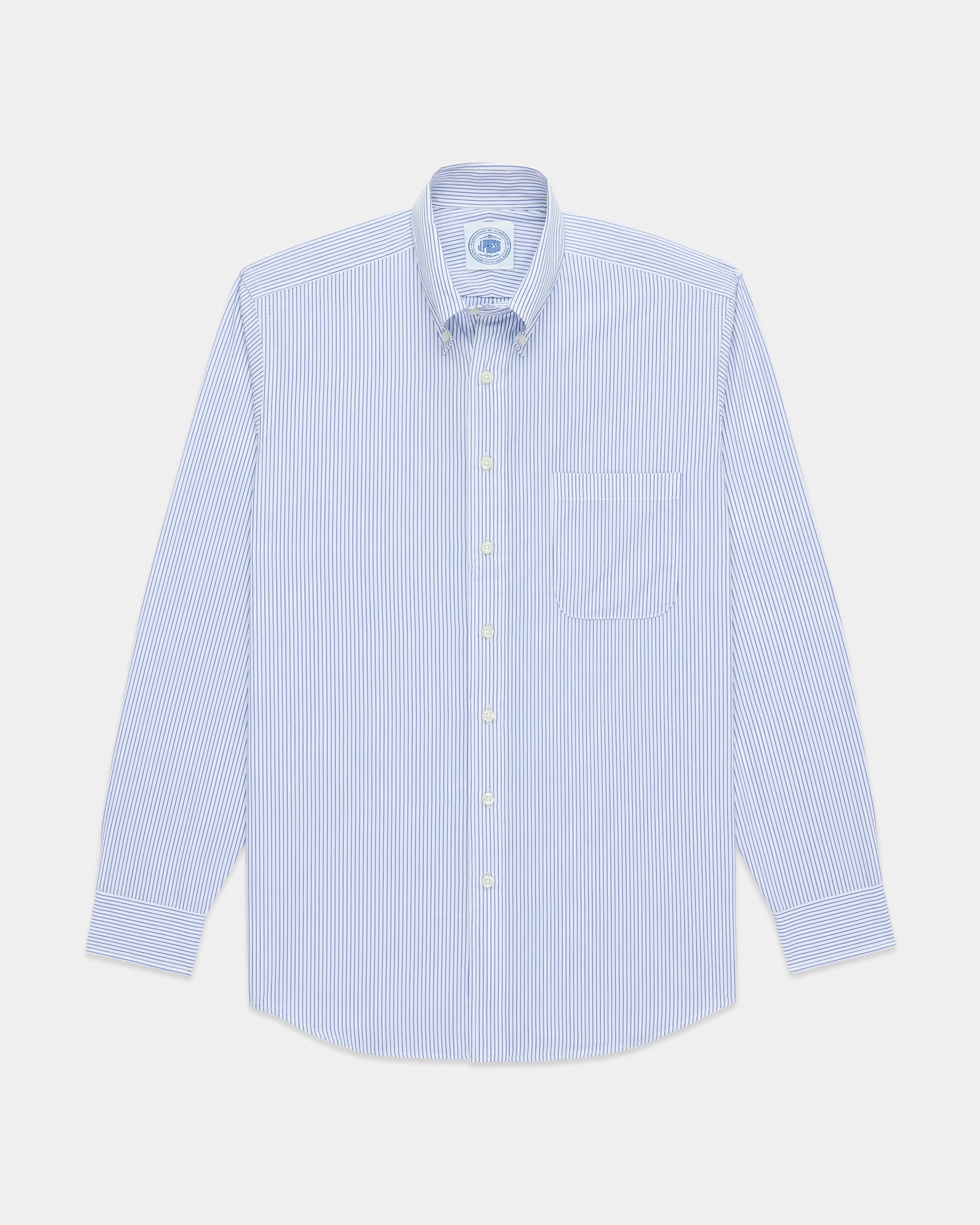 Advanced Moisture Management Made-in-USA Dark Blue Pencil Stripe Button Down Shirt - Classic  Fit