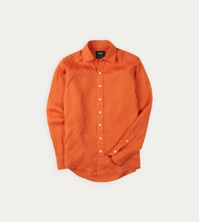 Orange Linen Spread Collar Shirt Sleepwear Subtle Print