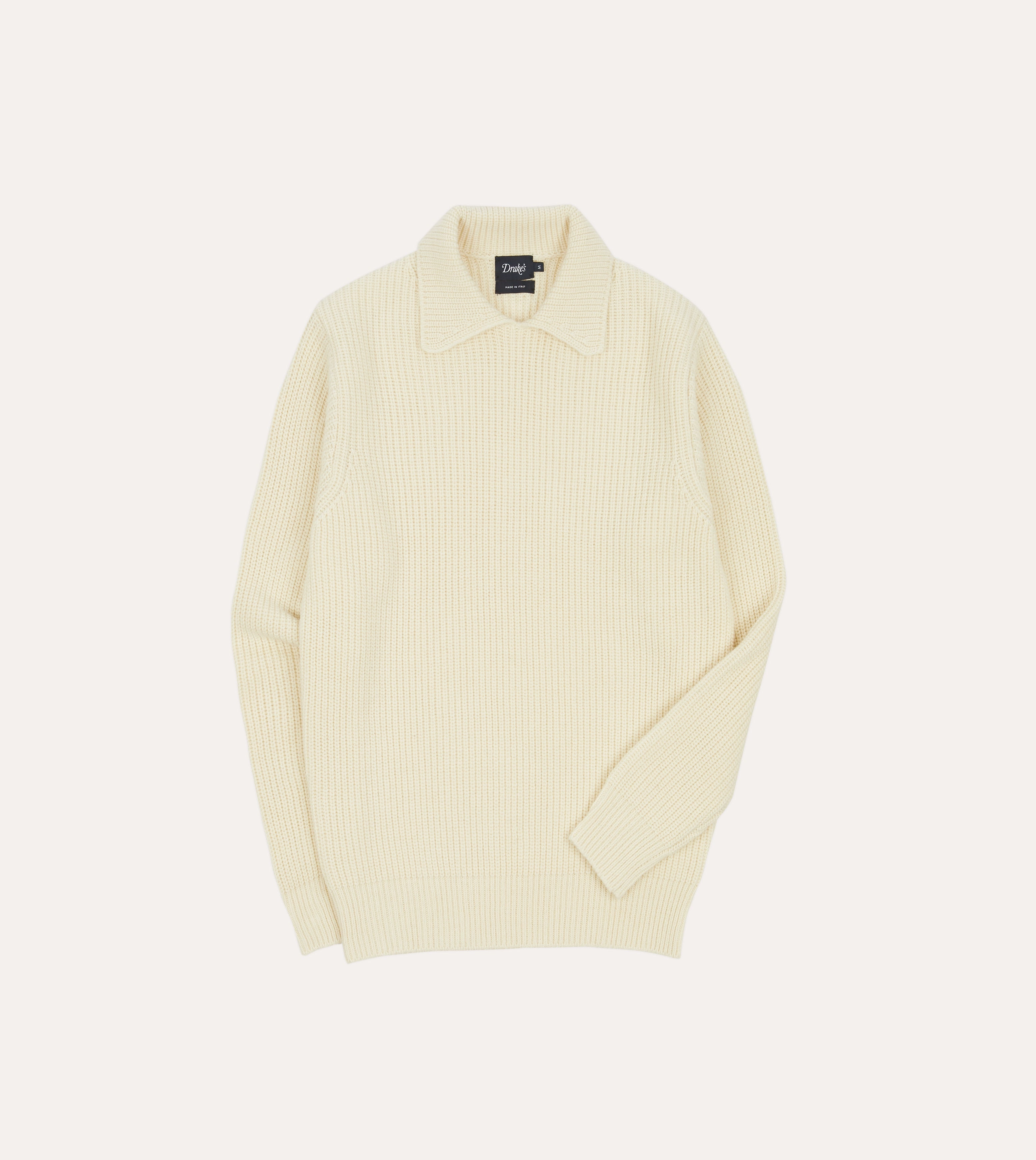 Cool Layer Ecru Alpaca Lambswool Ribbed Integral Collar Jumper