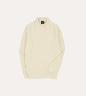 Cool Layer Ecru Alpaca Lambswool Ribbed Integral Collar Jumper