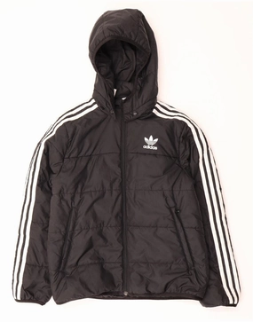 ADIDAS Boys Hooded Padded Jacket 11-12 Years Black Polyester label