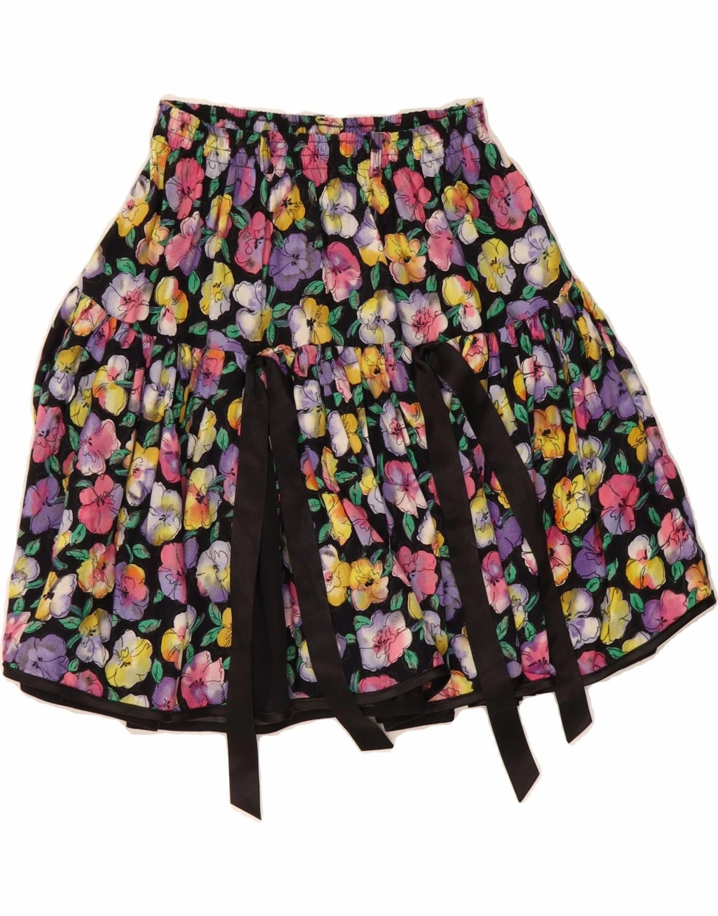 VINTAGE Girls A-Line Skirt 11-12 Years W26  Black Floral Viscose City-Style Chic And Comfortable