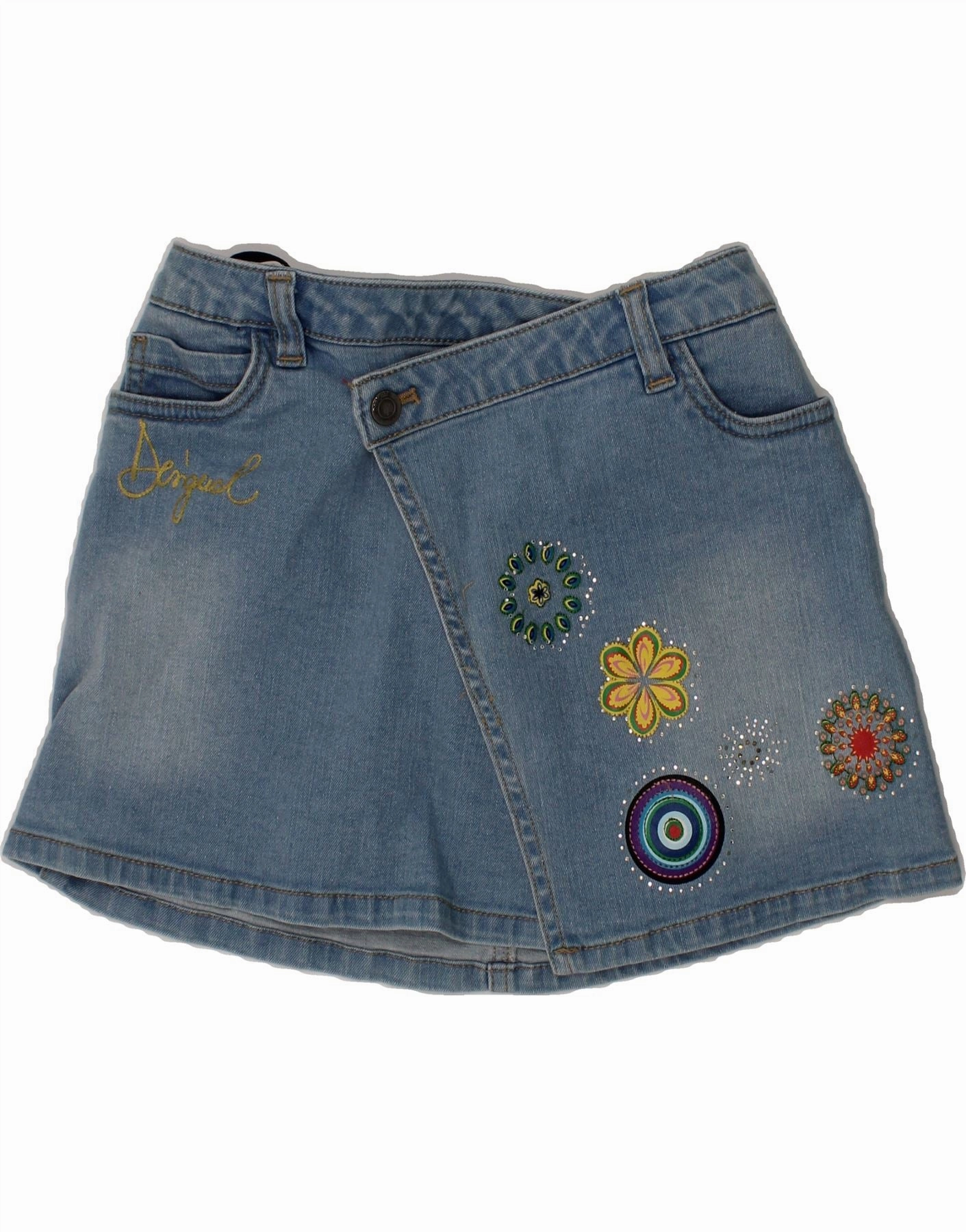 DESIGUAL Girls Denim Wrap Skirt 9-10 Years W24 Blue Floral Cotton Silky-Feel Occasion Ready