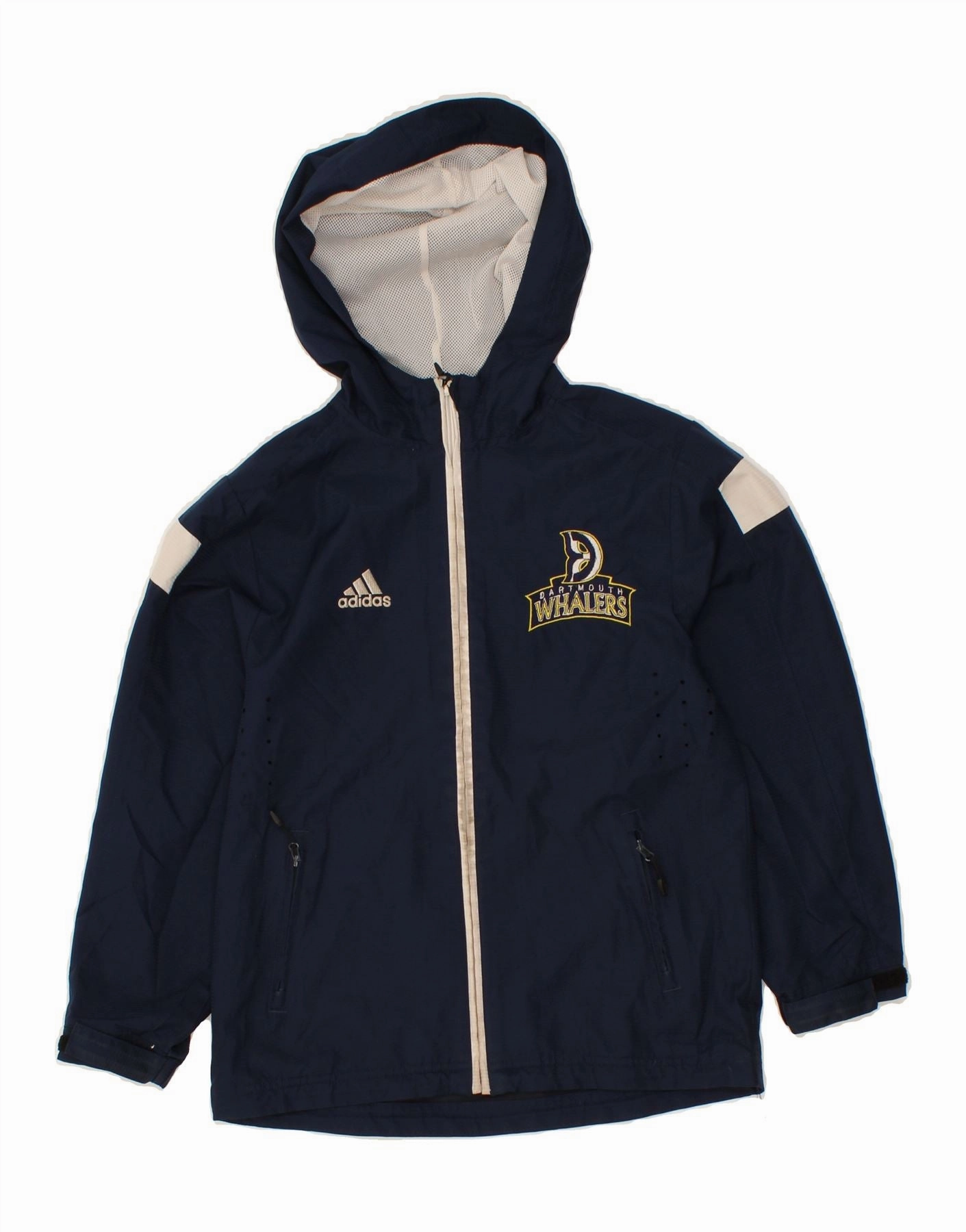 ADIDAS Boys Dartmouth Whalers Hooded Rain Jacket 7-8 Years Small Navy Blue Snag Free Zippers Style Layer