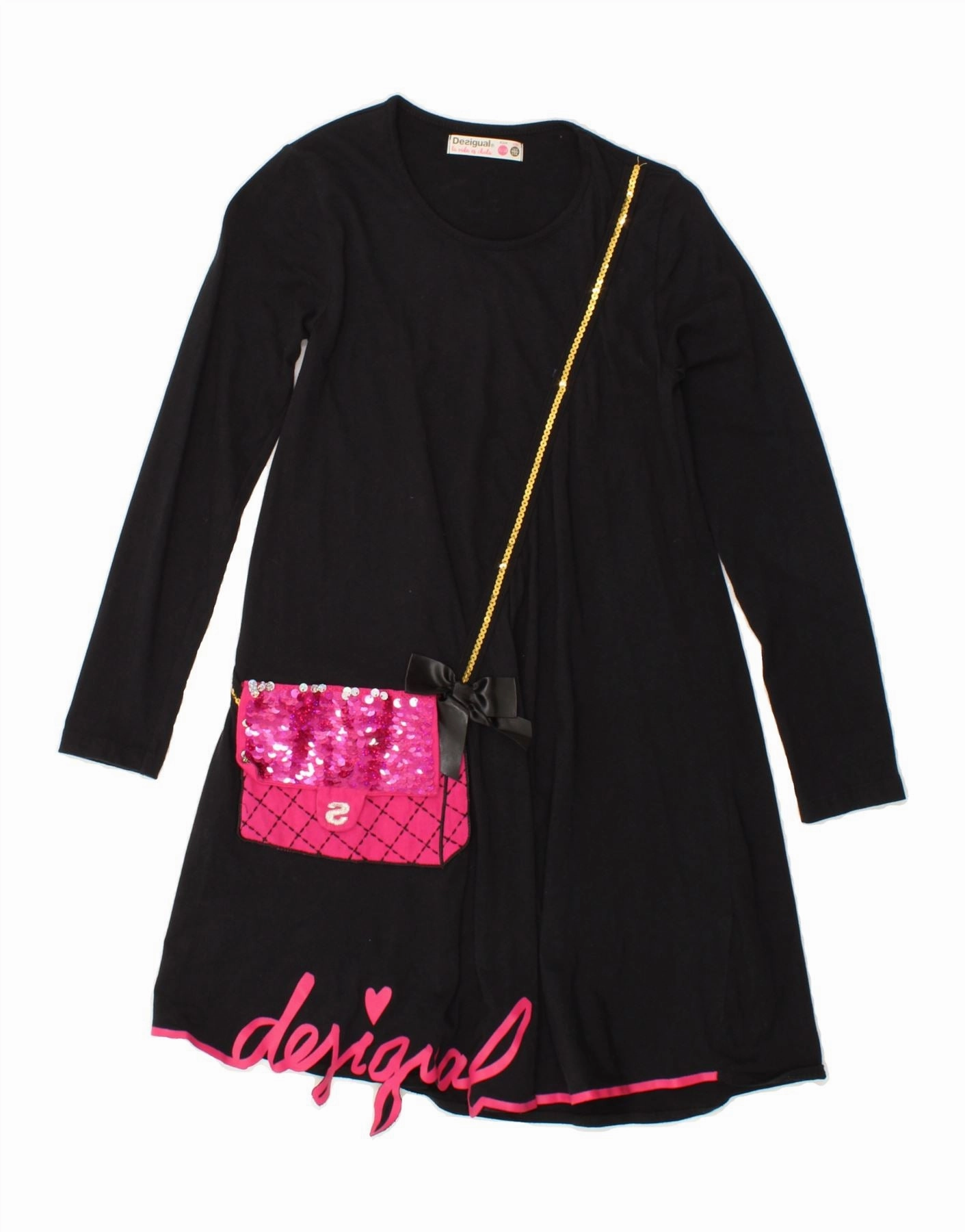 DESIGUAL Girls Graphic Long Sleeve A-Line Dress 11-12 Years Black Flow Line