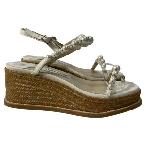 Walk Sport portable Jimmy Choo Latte Wedge Sandals with Pearls in White Nappa Leather