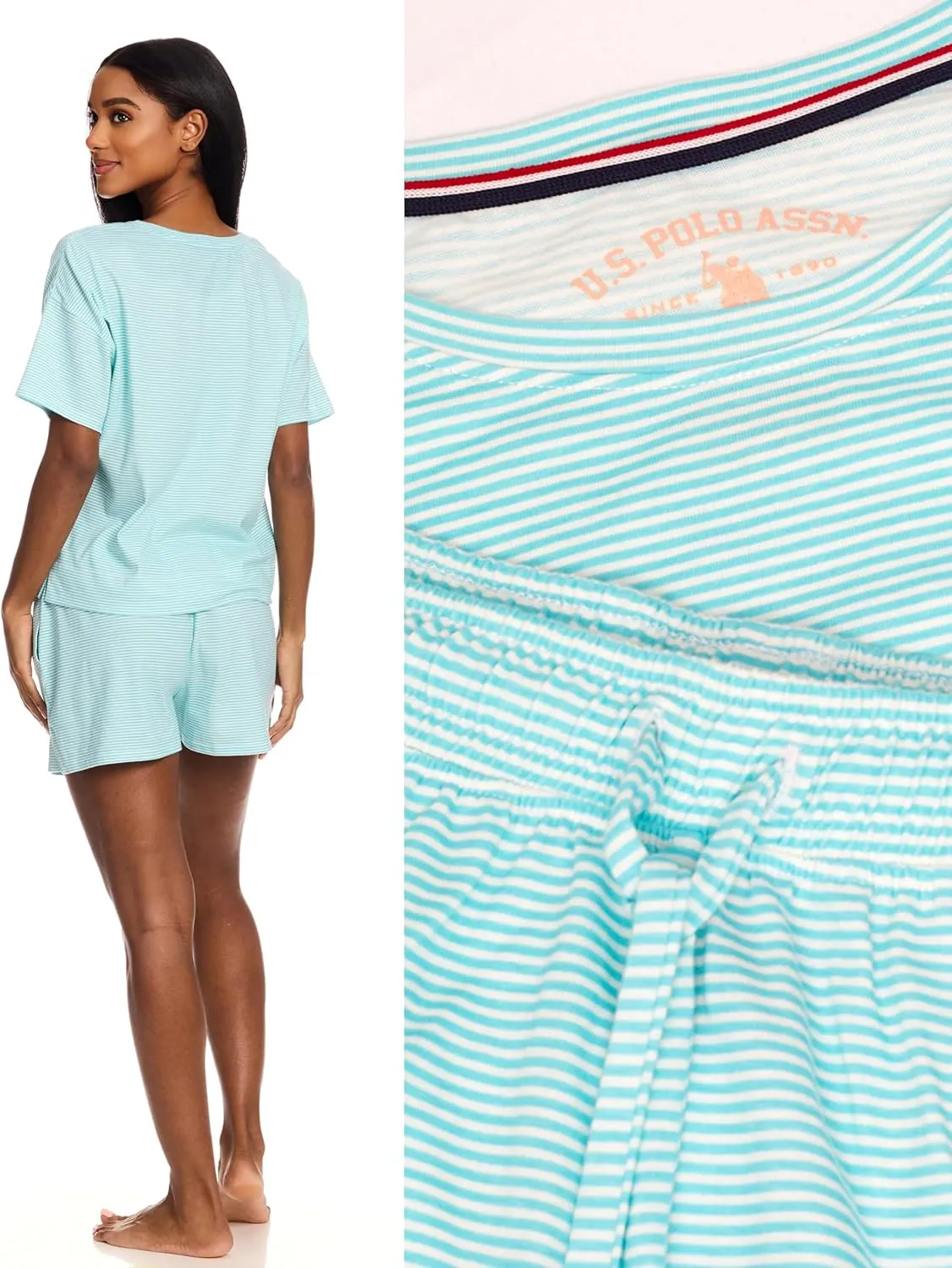 U.S. Polo Assn. Summer Pajamas for Women 2 Piece, Knit Short Sleeve Shirt and Pajama Shorts with Pockets, Womens Lounge Set