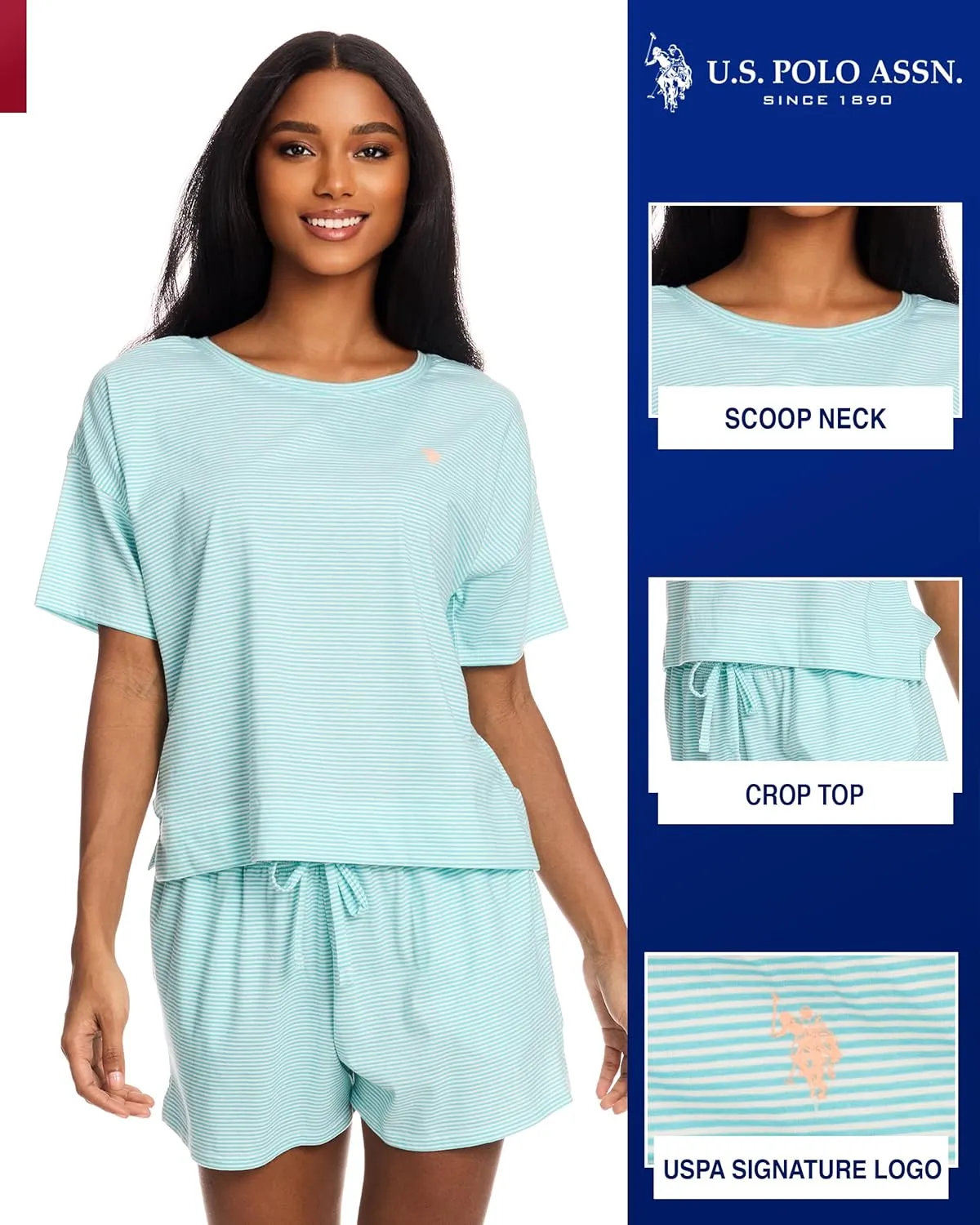 U.S. Polo Assn. Summer Pajamas for Women 2 Piece, Knit Short Sleeve Shirt and Pajama Shorts with Pockets, Womens Lounge Set