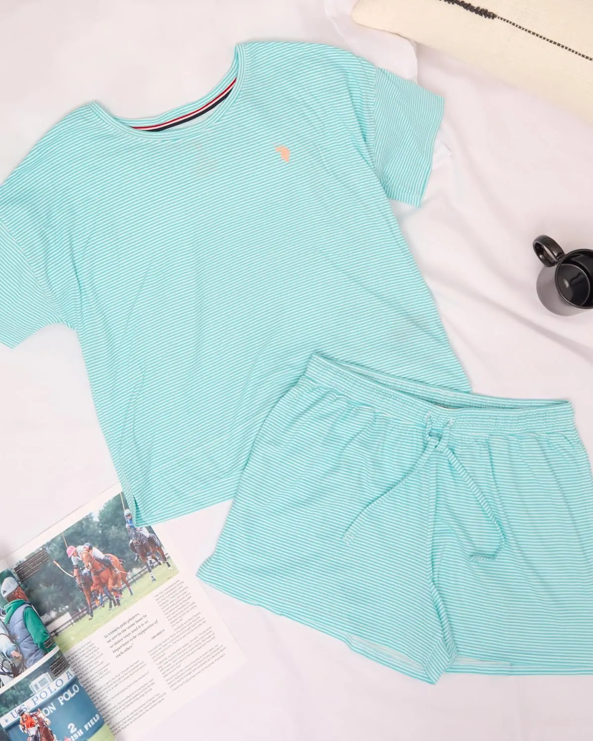 U.S. Polo Assn. Summer Pajamas for Women 2 Piece, Knit Short Sleeve Shirt and Pajama Shorts with Pockets, Womens Lounge Set