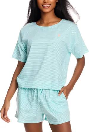 U.S. Polo Assn. Summer Pajamas for Women 2 Piece, Knit Short Sleeve Shirt and Pajama Shorts with Pockets, Womens Lounge Set