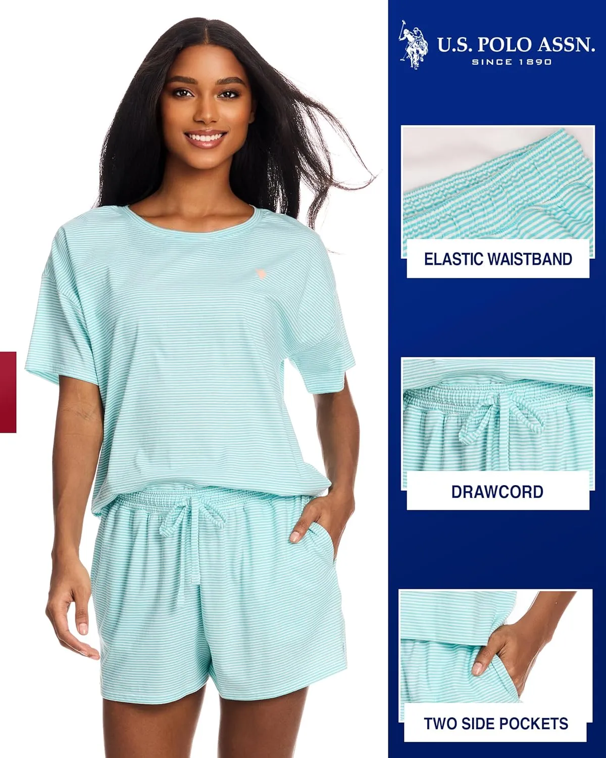 U.S. Polo Assn. Summer Pajamas for Women 2 Piece, Knit Short Sleeve Shirt and Pajama Shorts with Pockets, Womens Lounge Set