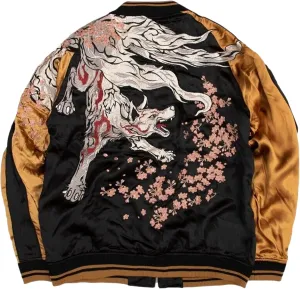 USTZFTBCL Cherry Blossom Nine Tail Fox Embroidery Satin Baseball Coat Autumn Winter Yokosuka Double-Sided Wear Bomber Jacket