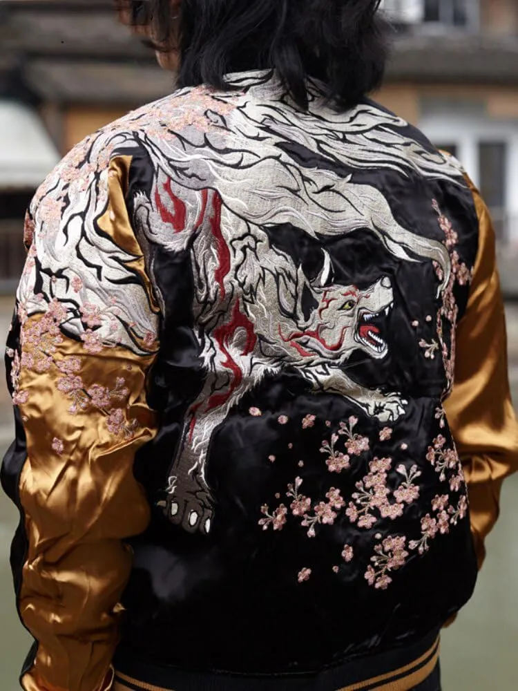 USTZFTBCL Cherry Blossom Nine Tail Fox Embroidery Satin Baseball Coat Autumn Winter Yokosuka Double-Sided Wear Bomber Jacket