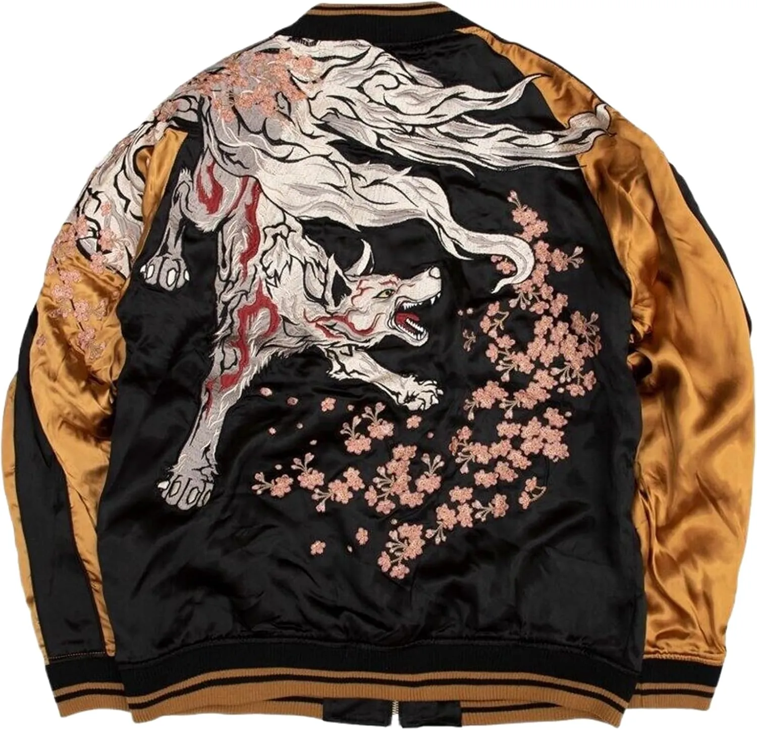 USTZFTBCL Cherry Blossom Nine Tail Fox Embroidery Satin Baseball Coat Autumn Winter Yokosuka Double-Sided Wear Bomber Jacket