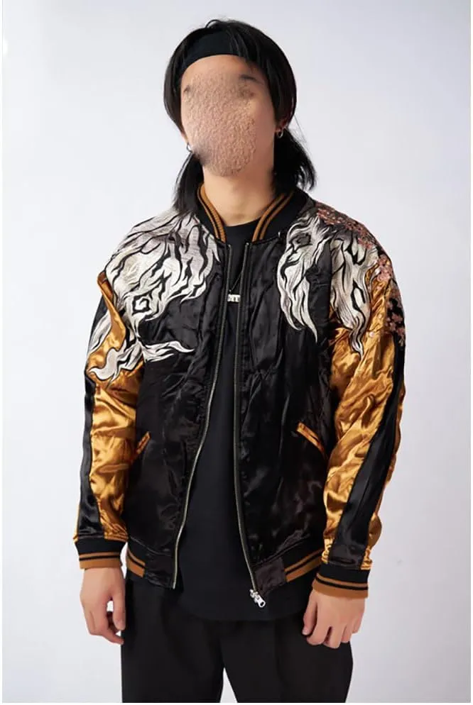 USTZFTBCL Cherry Blossom Nine Tail Fox Embroidery Satin Baseball Coat Autumn Winter Yokosuka Double-Sided Wear Bomber Jacket
