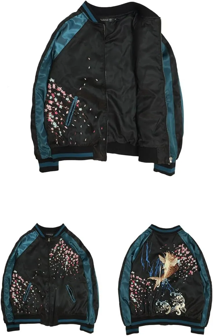 USTZFTBCL Vintage Carp Embroidered Baseball Jacket Loose Couples BF Style Satin Bomber Coat Trendy Satin Bomber Jacket