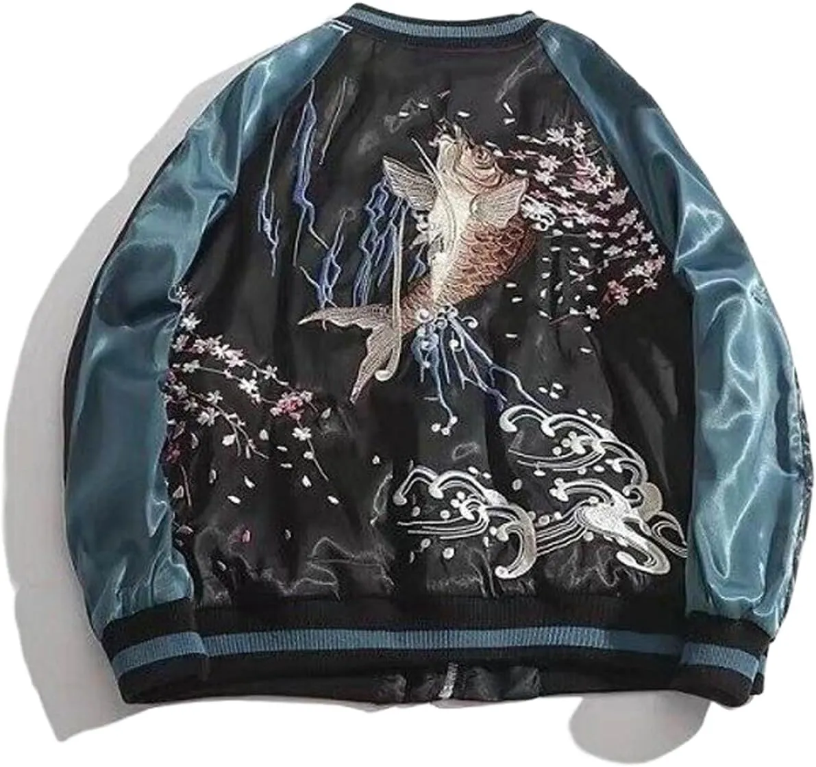 USTZFTBCL Vintage Carp Embroidered Baseball Jacket Loose Couples BF Style Satin Bomber Coat Trendy Satin Bomber Jacket
