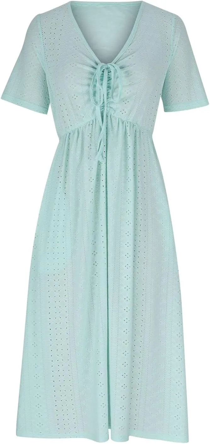 V Neck Midi Dress for Women Summer Long Dresses with Pockets T Shirt Loose Casual Dress Everyday Trendy Dresses