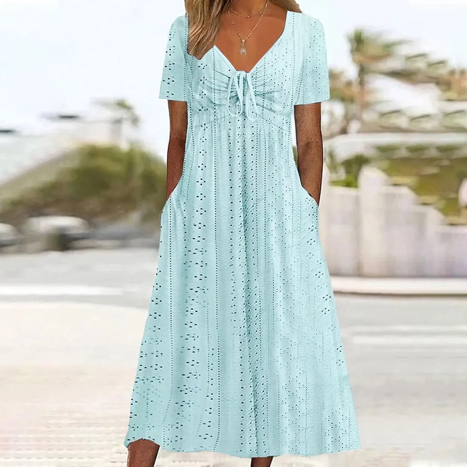 V Neck Midi Dress for Women Summer Long Dresses with Pockets T Shirt Loose Casual Dress Everyday Trendy Dresses