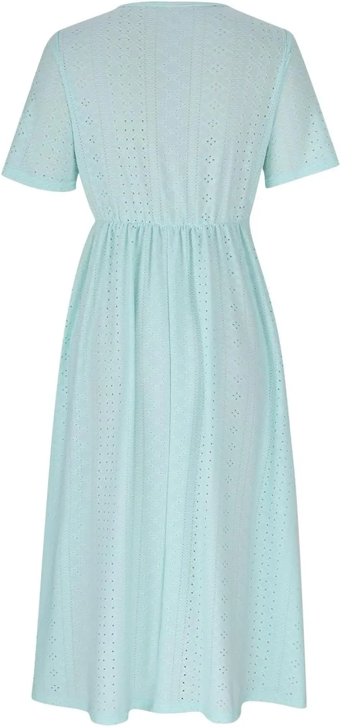 V Neck Midi Dress for Women Summer Long Dresses with Pockets T Shirt Loose Casual Dress Everyday Trendy Dresses