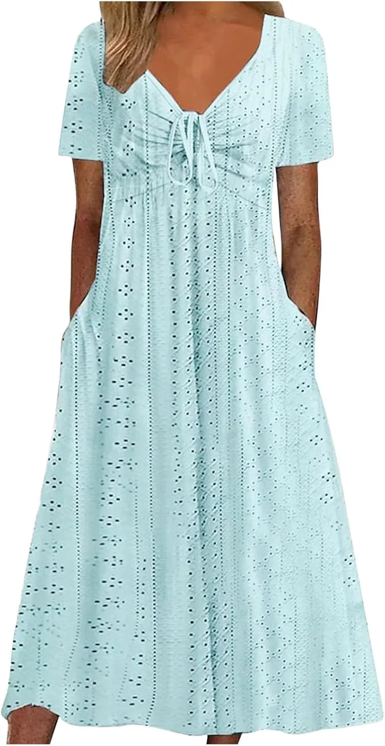 V Neck Midi Dress for Women Summer Long Dresses with Pockets T Shirt Loose Casual Dress Everyday Trendy Dresses