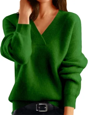 V Neck Sweaters for Women Casual Long Sleeve Sweaters V Neck Knit Solid Color Oversized Pullover Sweater Jumper