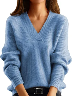 V Neck Sweaters for Women Casual Long Sleeve Sweaters V Neck Knit Solid Color Oversized Pullover Sweater Jumper