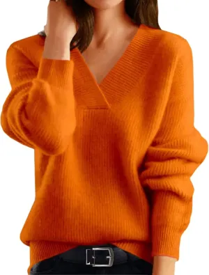 V Neck Sweaters for Women Casual Long Sleeve Sweaters V Neck Knit Solid Color Oversized Pullover Sweater Jumper