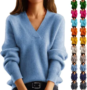 V Neck Sweaters for Women Casual Long Sleeve Sweaters V Neck Knit Solid Color Oversized Pullover Sweater Jumper