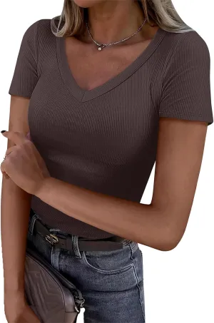 V Neck T Shirts for Women Short Sleeve Slim Fit Tops Casual Solid Color Basic T Shirts 2025 Going Out Outfits